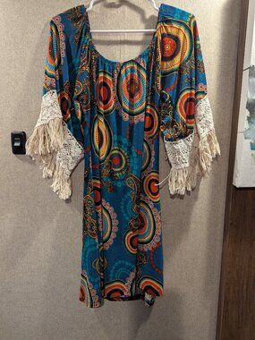2B Together Turquoise Boho Lace Top | S-M | Geometric | Off Shoulder